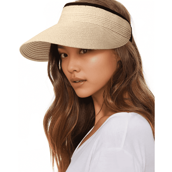 2PCS Womens Sun Visor Hat Straw Sun Visors for Women Summer Packable Ponytail Beach Hats for Women Travel Beige