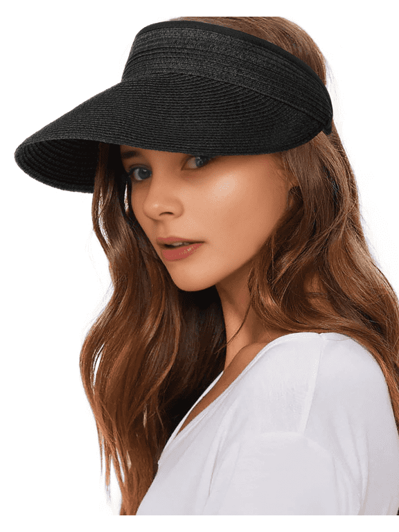 2PCS Womens Sun Visor Hat Straw Sun Visors for Women Summer Packable Ponytail Beach Hats for Women Travel Black