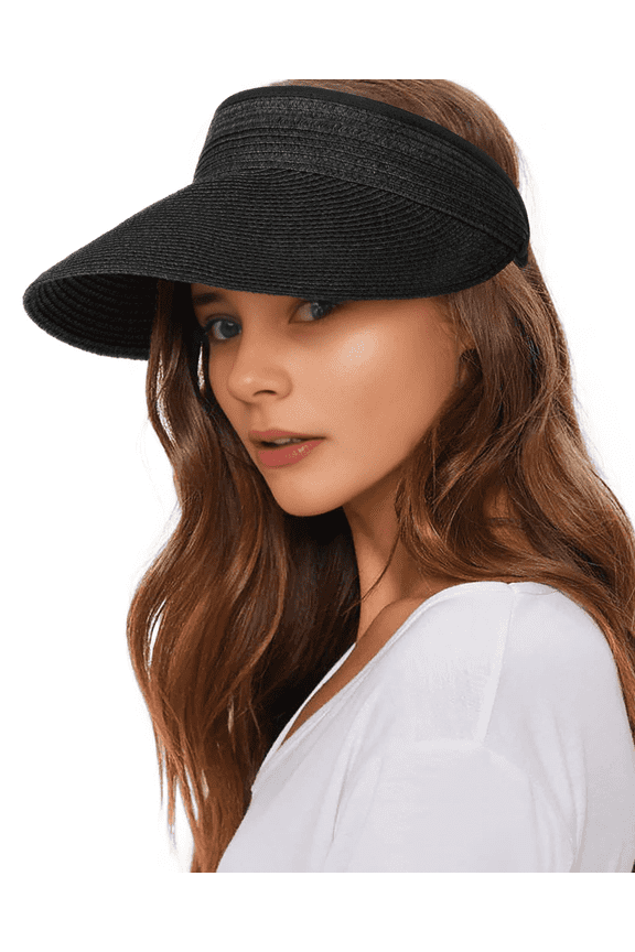 2PCS Womens Sun Visor Hat Straw Sun Visors for Women Summer Packable Ponytail Beach Hats for Women Travel Black