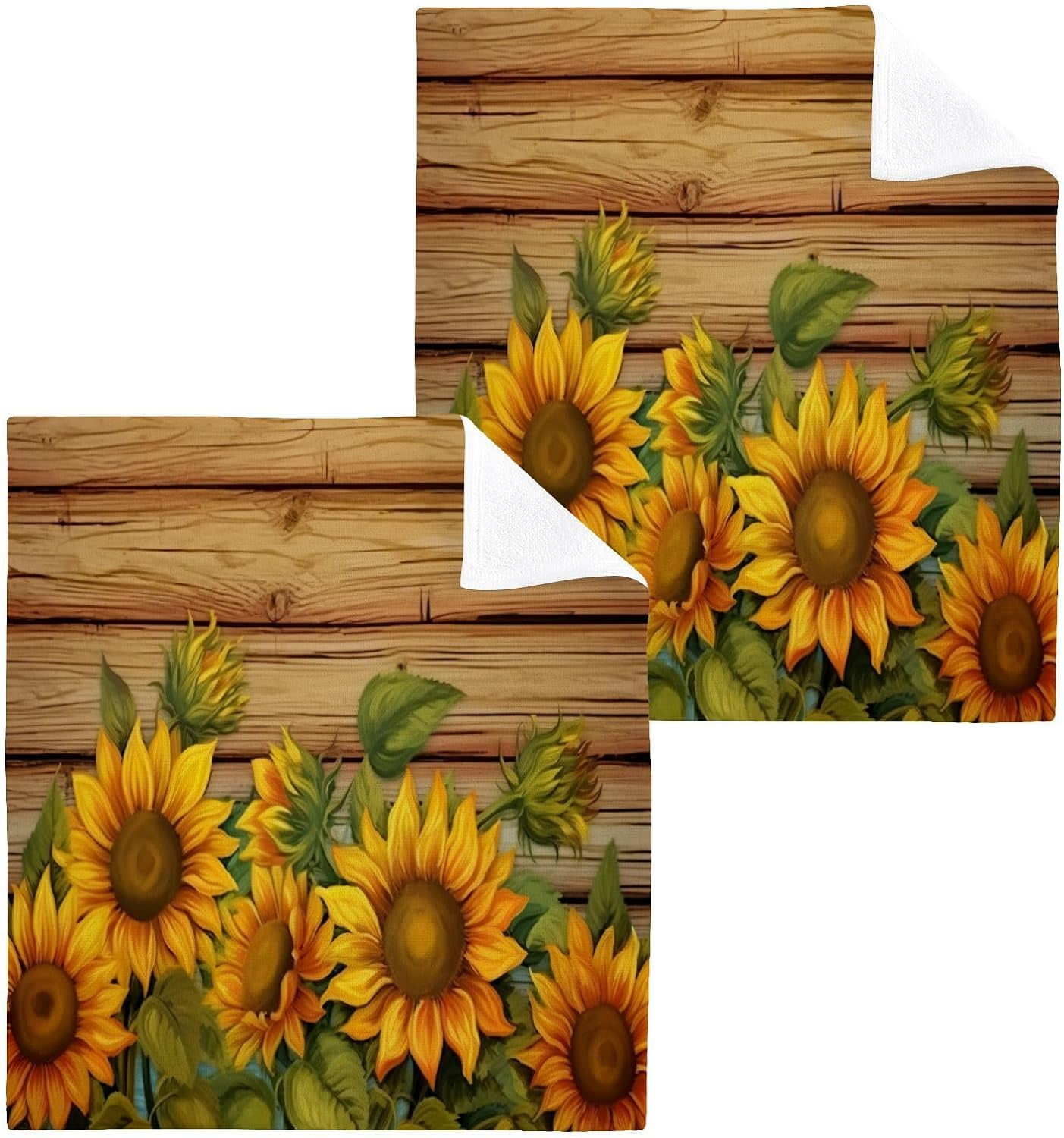 2PCS Wood Grain Sunflower Towels Cotton Washcloths Set,Quick Drying