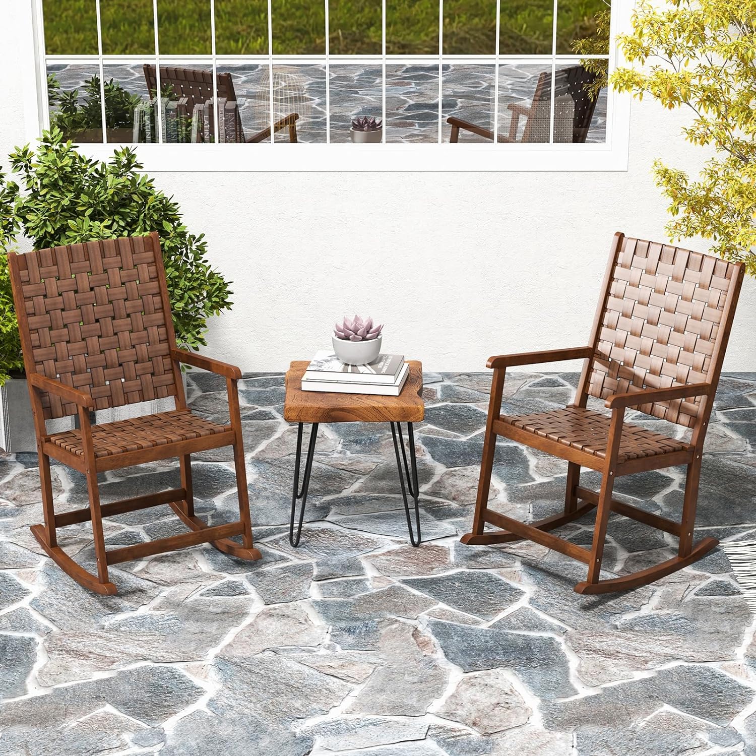 2PCS Wood Rocking Chair with PU Seat, Rubber Wood Frame, Indoor/Outdoor, Brown