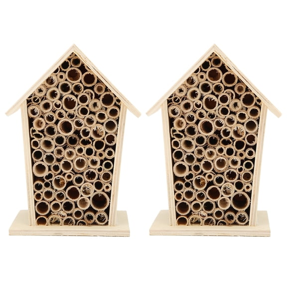 2PCS Wooden Bee House Natural Logs + Reed Bee Wood Bee Room Hotel Shelter Nests Box for Outdoor Garden Patio Balcony Decoration