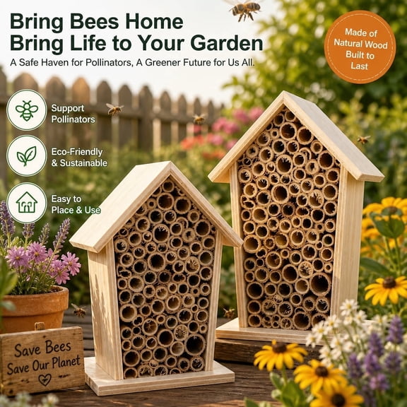 2PCS Wooden Bee House for Garden, Mason Bee Habitat with Nesting Tubes