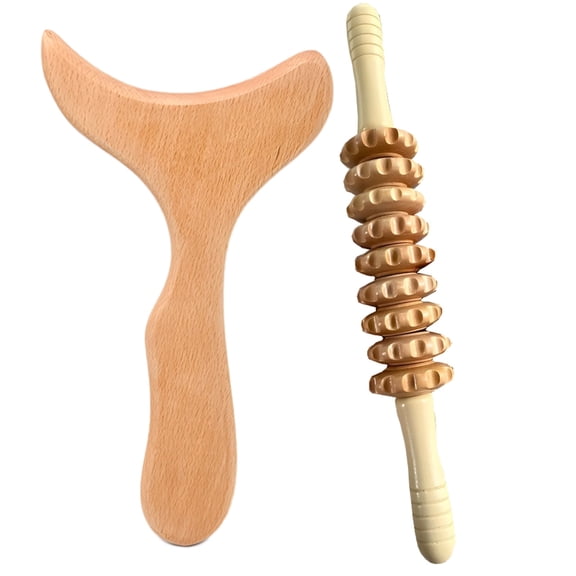 2PCS Wooden Massager Roller Set, 15" Wooden Relaxation Stick & 12" Wooden Relaxation Scraper, Wooden Wellness Kit for Body Sculpting