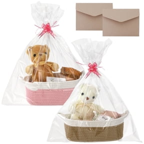 2PCS Woven Gift Basket Set, Soft Cotton Rope Empty Gift Basket with Wrapping Bags, Greeting Cards and Envelopes, Foldable Storage for Birthdays, Valentines Day, Christmas