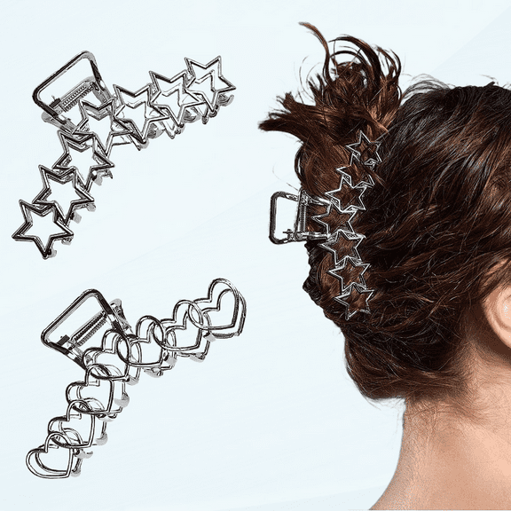 2PCS Y2k Metal Hair Claw Clips Star Heart Hair Clips for Women Big Nonslip Design Claw Hair Clips for Thick and Thin Hair Stitching Silver Large Hair Accessories for Women and Girls.