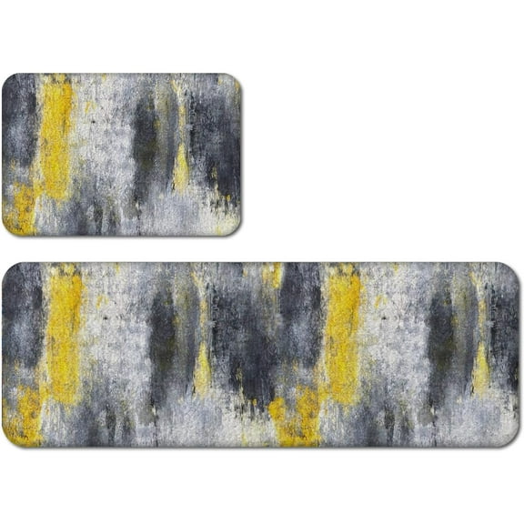 2PCS Yellow Ombre Kitchen Rugs Abstract Floor Runner Yellow and Gray Non-Slip Area Carpets Mustard Grunge Kitchen Mat Set for Farmhouse Bathroom Laundry 16" x 47"