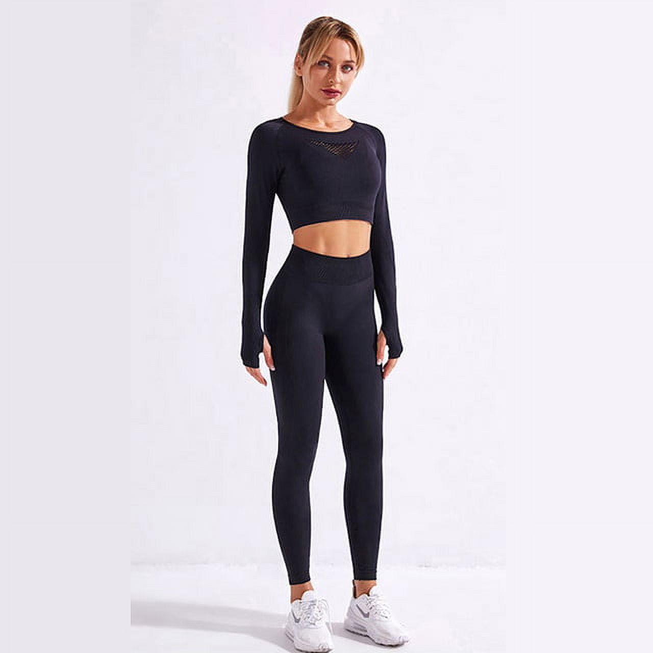 Yoga Pants 2pcs/Set Women Sport Running Suit Yoga Set Gym Workout Clothes  Long Sleeve Fitness Crop Top + High Waist Energy Seamless Legging Leggings  (Color : Green, Size : Large) : 