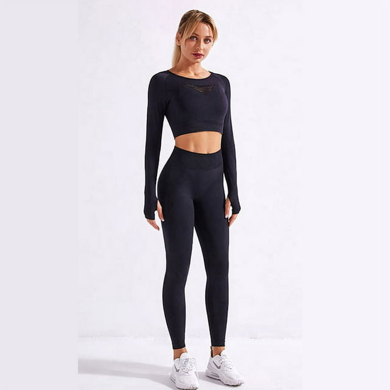 Youi-gifts 2pcs Yoga Set Sport Outfit Woman Sports Set Workout Long Sleeve and Yoga Pants Fitness Seamless Leggings Gym Clothing Sportswear, Women's, Size: Large