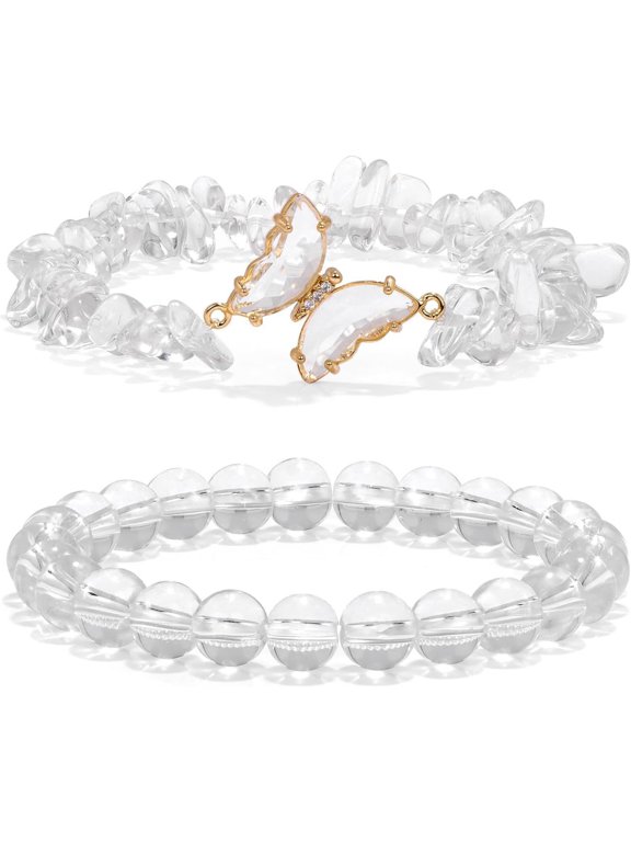 2PCS butterfly bracelet set, stacked natural stone bracelet, crushed stone White Crystal bracelet