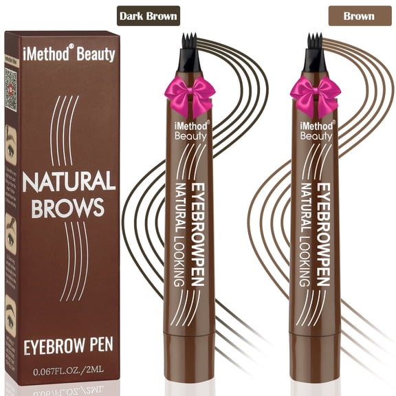 2PCS-iMethod Upgraded Microblading Eyebrow Pen - 4 Fork Tip for Natural Hair-Like Brows | Built-in Spoolie Brush for Precise Styling | Long-Lasting All-Day Hold Eyebrow Pencil for Women, Brown