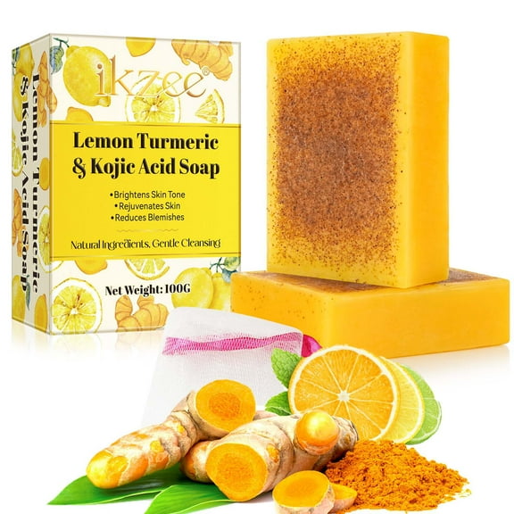 2PCS ikzee Kojic Acid Lemon Turmeric Soap for Face and Skin, Acne Scar - Dead Skin - Deep Cleansing - Refreshing (Foam Net Included)