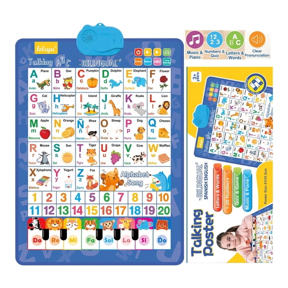 2PCS learning posters ftoddlers 1-3 educational posters ftoddlers 1-3 bilingual interactive wall chart with sound effects ABC numbers learning piano animal words fkids laminated double-sided poster
