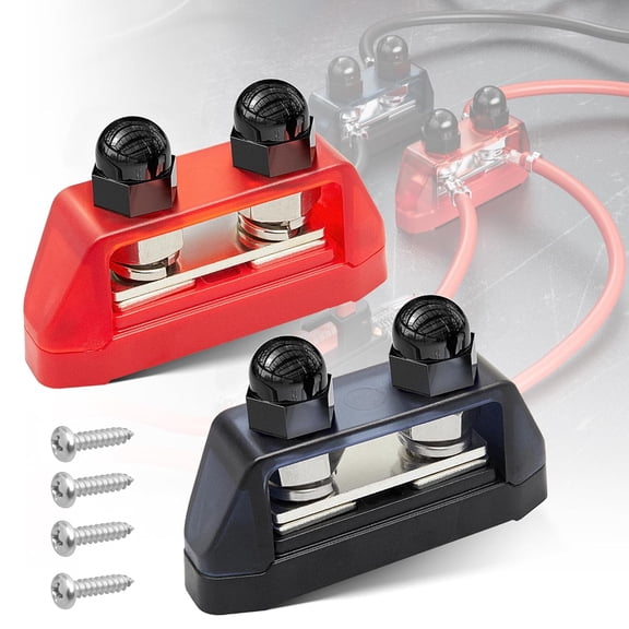 2PCs 3/8" M10 Small Dual Stud Bus Bar 12-48 V Power Distribution Block Holder 150A DC MAX, Battery Terminal Junction Dual Power Stud Busbar for Car Marine Boat Red & Black Set w/Screws