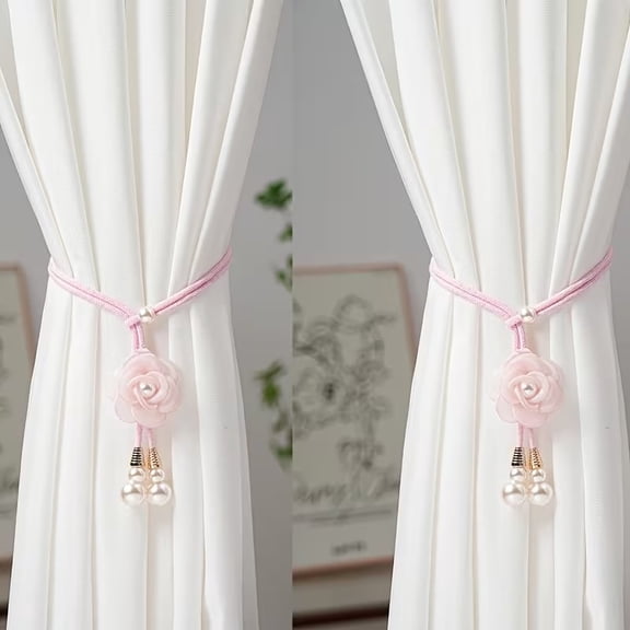 2PCs Adjustable Rose Flower Curtain Strap with Pearl Drawstring Decorative Tiebacks for Gauze Curtains Sheer Drapes Lightweight Window Panels