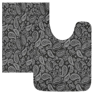 2PCs Bathroom Rugs Set Plush Toilet Base Mat 16" × 24" Bath Mat and 20" × 24" U Shape Soft Rugs Non Slip Absorbent Black Paisley