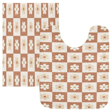 2PCs Bathroom Rugs Set Plush Toilet Base Mat 16" × 24" Bath Mat and 20" × 24" U Shape Soft Rugs Non Slip Absorbent Brown Checkered Flowers