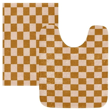 2PCs Bathroom Rugs Set Plush Toilet Base Mat 16" × 24" Bath Mat and 20" × 24" U Shape Soft Rugs Non Slip Absorbent Brown Checkered