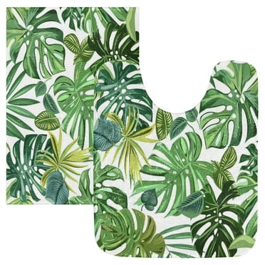 2PCs Bathroom Rugs Set Plush Toilet Base Mat 16" × 24" Bath Mat and 20" × 24" U Shape Soft Rugs Non Slip Absorbent Green Tropical Plants