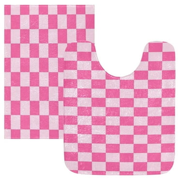 2PCs Bathroom Rugs Set Plush Toilet Base Mat 16" × 24" Bath Mat and 20" × 24" U Shape Soft Rugs Non Slip Absorbent Pink Checkered