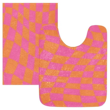 2PCs Bathroom Rugs Set Plush Toilet Base Mat 16" × 24" Bath Mat and 20" × 24" U Shape Soft Rugs Non Slip Absorbent Pink Orange Checkered