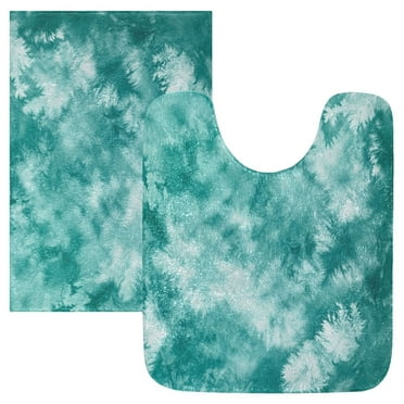 2PCs Bathroom Rugs Set Plush Toilet Base Mat 16" × 24" Bath Mat and 20" × 24" U Shape Soft Rugs Non Slip Absorbent Teal Tie-dye