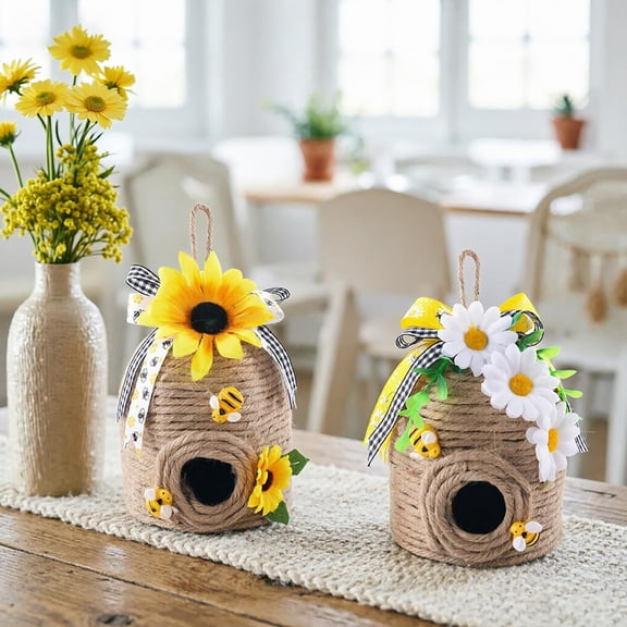 2PCs Bee Hive Decor Honey Bee Tiered Tray Decor Summer Spring Honeybee Decorations Mini Jute Farmhouse Beehive for Kitchen Table Shelf Home Coffee Bar Themed Party(Vintage Color)