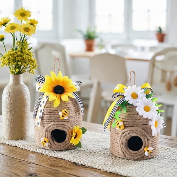 2PCs Bee Hive Decor Honey Bee Tiered Tray Decor Summer Spring Honeybee Decorations Mini Jute Farmhouse Beehive for Kitchen Table Shelf Home Coffee Bar Themed Party(Vintage Color)