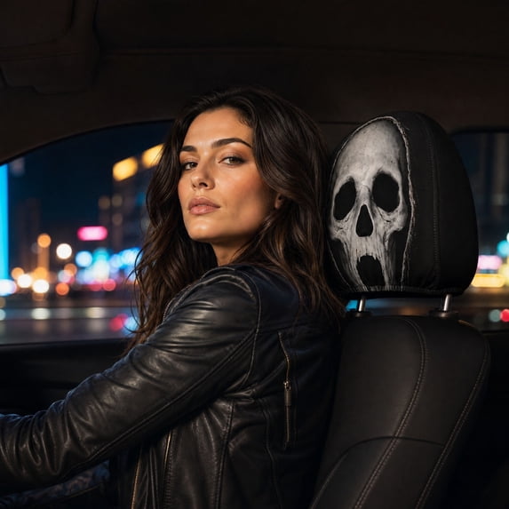 2PCs Ghost Face Headrest Covers, Halloween Car Accessories, Scary Face Printing Auto Seat Universal Elastic Models Headrest Protector (C)