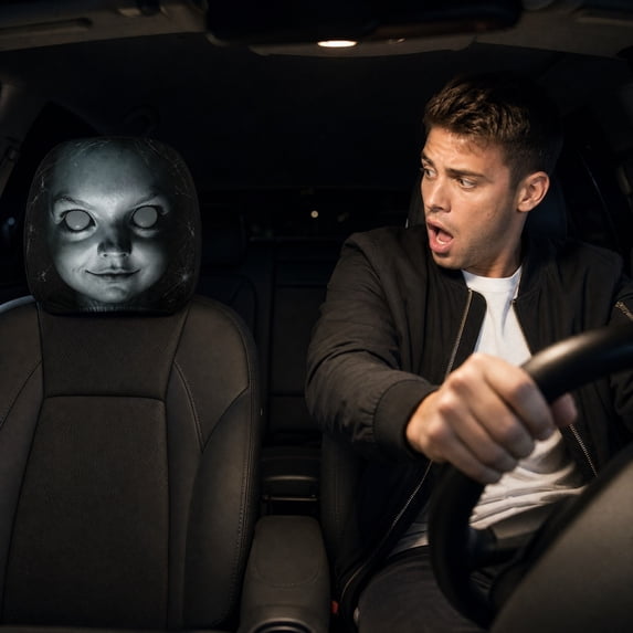 2PCs Ghost Face Headrest Covers, Halloween Car Accessories, Scary Face Printing Auto Seat Universal Elastic Models Headrest Protector (F)