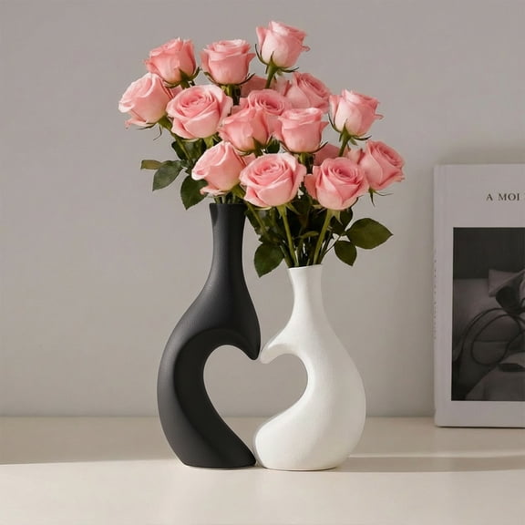 2PCs Plastic Vase Set with Heart Shape Formation for Flower Arrangements Home Decor Tabletop Centerpiece Wedding Dining Table Bookshelf Decoration