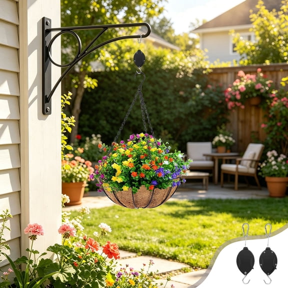 2PCs Pulley Retractable Hanger Hooks,Easy to Raise and Lower,Stainless Steel Rope For Hanging Plants Garden Baskets Pots,Adjustable Hook for Garden Baskets Pots,Birds Feeder and Grow Lights