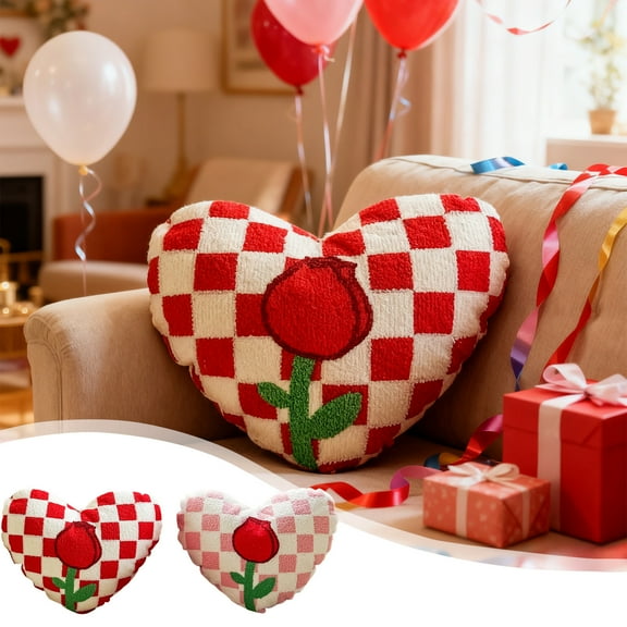 2PCs Rose Plaid Heart Shaped Throw Pillow,14"x14" Soft Plush Heart Shaped Pillow for Couch & Bed,Decorative Checkered Throw Pillow For Valentine Party,Bedroom Living Room