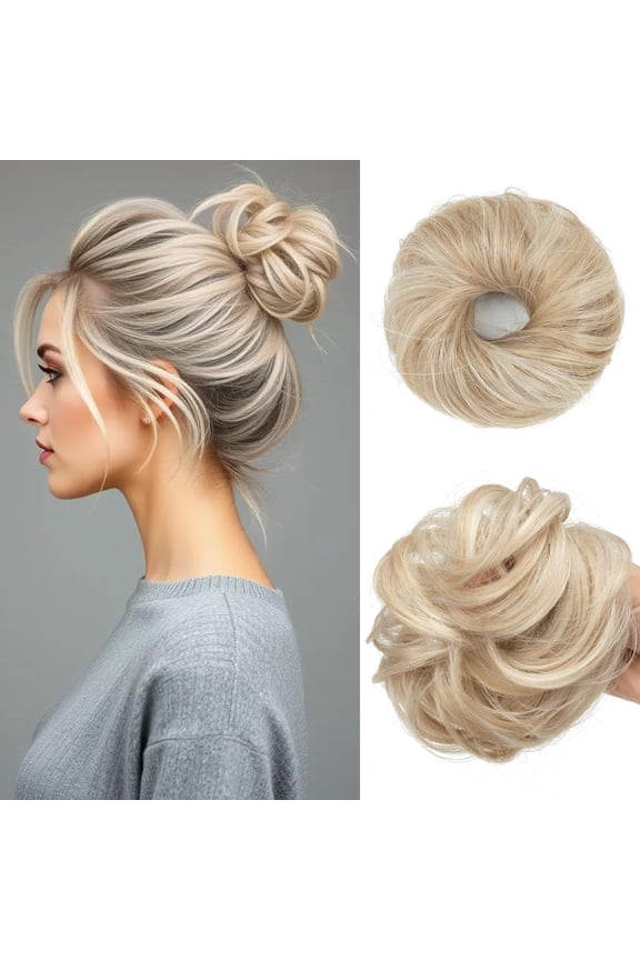 2PCs Small Cute Messy Bun Hair Piece for Thin Women Mini Synthetic Curly Scrunchies Upo Hairpieces Cream Blone