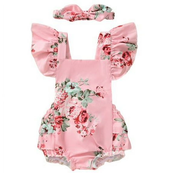 2PCs Summer Outfits Newborn Baby Girl Flower Print Ruffled Romper Jumpsuit Headband Set 0-12M