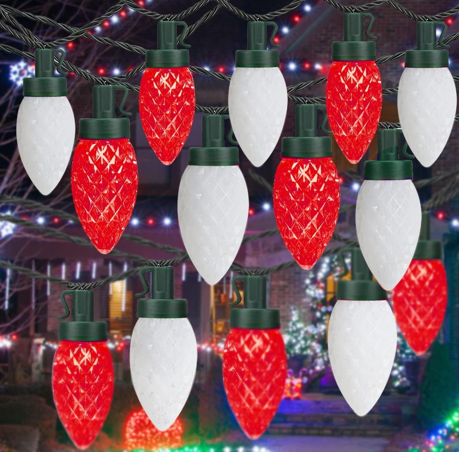 2PK 100LED Red & Cool White C9 Christmas Lights Waterproof Indoor