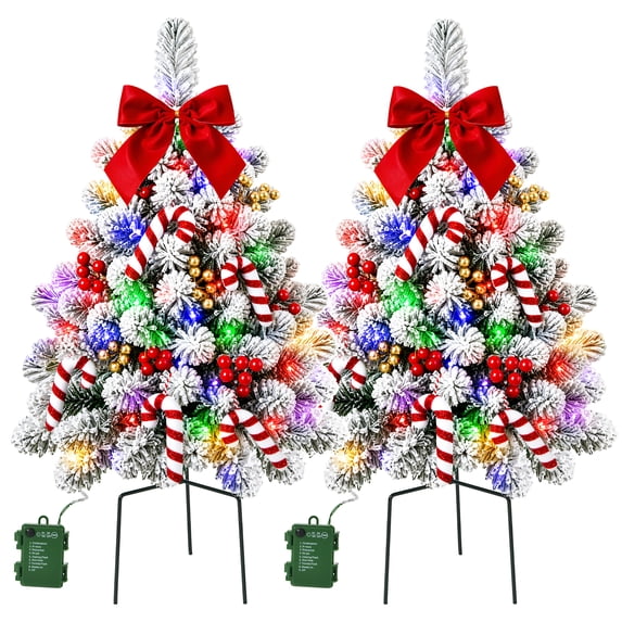 2PK 30 Inch Prelit Outdoor Christmas Trees Christmas Urn Pot Filler Snow Flocked Lighted Christmas Trees with 100 LED Timer 8 Modes for Front Door Porch Christmas Decoration