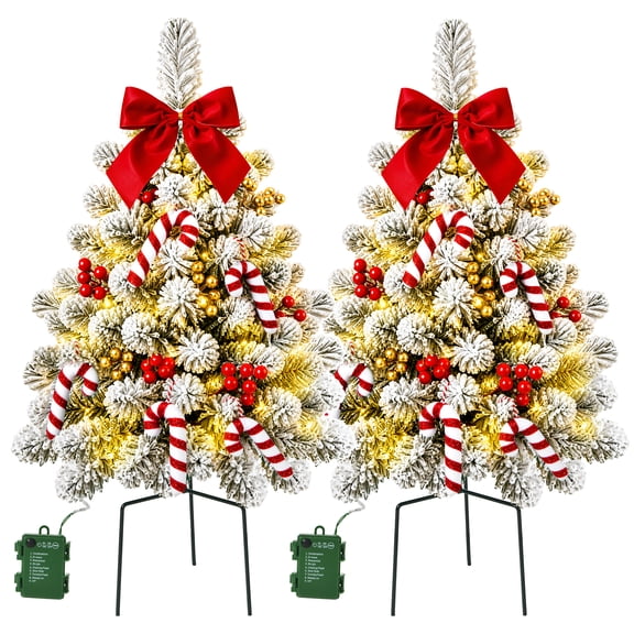 2PK 30 Inch Prelit Outdoor Christmas Trees Christmas Urn Pot Filler Snow Flocked Lighted Christmas Trees with 100 LED Timer 8 Modes for Front Door Porch Christmas Decoration