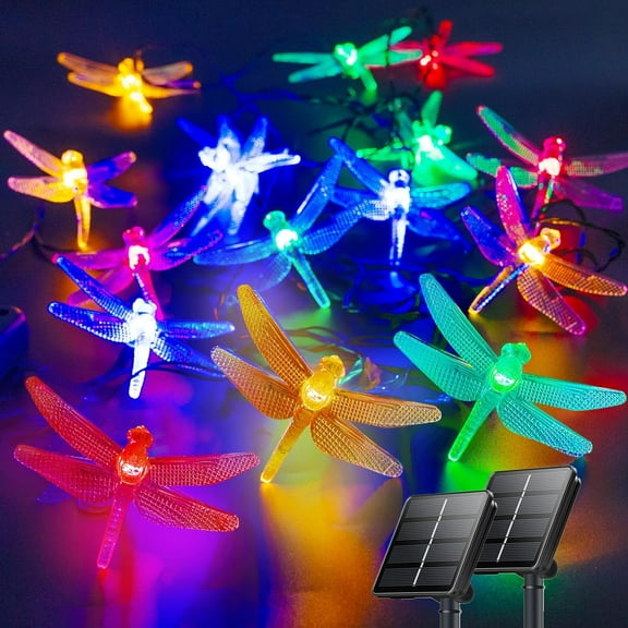2PK 40LED 50FT Dragonfly Solar Lights Outdoor Waterproof, Multicolor Solar Fairy Lights with 8 Lighting Modes, Garden Decor for Outside, Pathway Lights for Fence, Patio, Yard