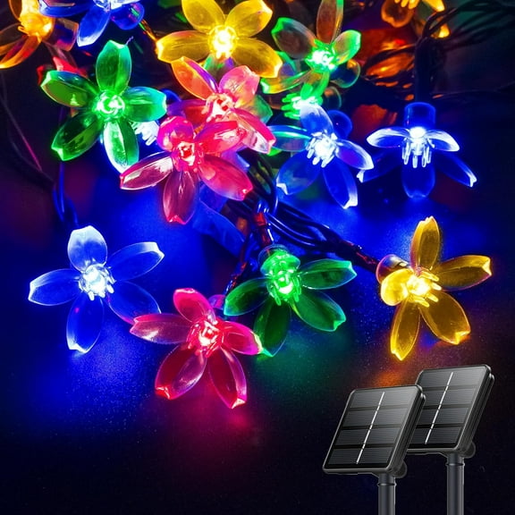 2PK 80LED 50FT Flower Solar String Lights Outdoor Waterproof, Cherry Blossoms Multicolor Lights with 8 Lighting Modes, Garden Decor for Outside, Pathway Light for Fence, Patio, Yard