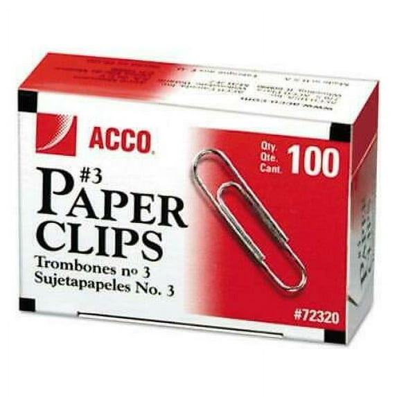 2PK Acco Paper Clips, #3, Smooth, Silver, 100 Clips/Box, 10 Boxes/Pack (72320)