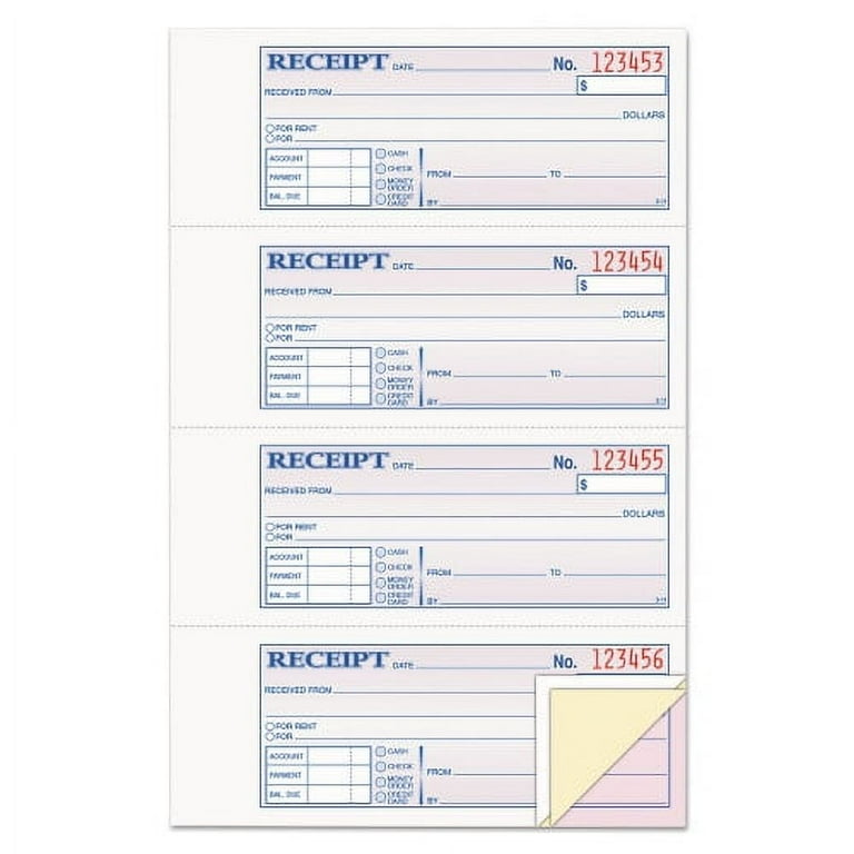 Receipt Book, Three-Part Carbonless, 7.19 x 2.75, 4 Forms/Sheet, 100 Forms Total Receipt Book, Three-Part Carbonless, 7.19 x 2.75, 4 Forms/Sheet, 100 Forms Total