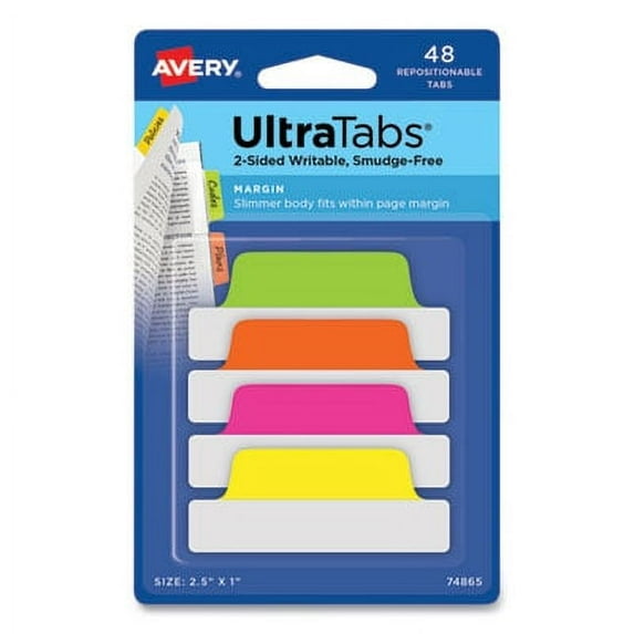 Ultra Tabs Repositionable Margin Tabs, 1/5-Cut Tabs, Assorted Neon, 2.5" Wide, 48/pack | Bundle of 2 Packs