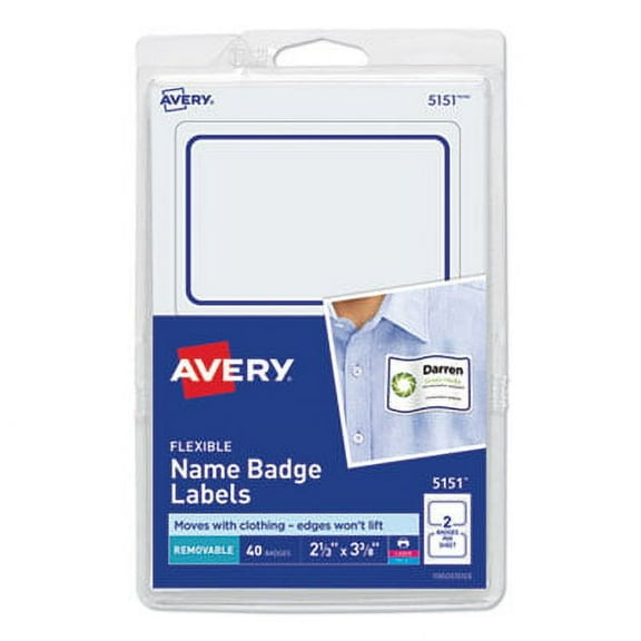 2PK Avery Flexible Adhesive Name Badge Labels, 3.38 x 2.33, White/Blue Border, 40/Pack (5151)