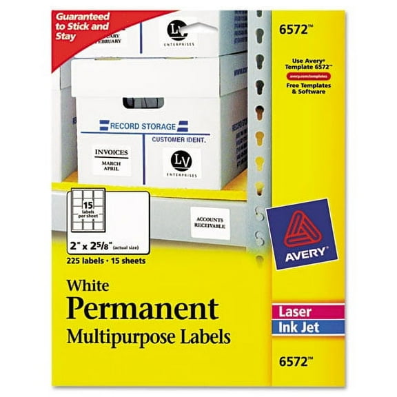 2PK Avery Permanent ID Labels w/ Sure Feed Technology, Inkjet/Laser Printers, 2 x 2.63, White, 15/Sheet, 15 Sheets/Pack (6572)