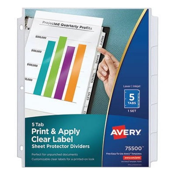 2PK Avery Print and Apply Index Maker Clear Label Sheet Protector Dividers with White Tabs, 5-Tab, 11 x 8.5, White, 1 Set (75500)