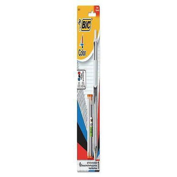 2PK BIC 4-Color 3 + 1 Multi-Color Ballpoint Pen/Pencil, Retractable, 1 mm Pen/0.7 mm Pencil, Black/Blue/Red Ink, Gray/White Barrel (MMLP1AST)
