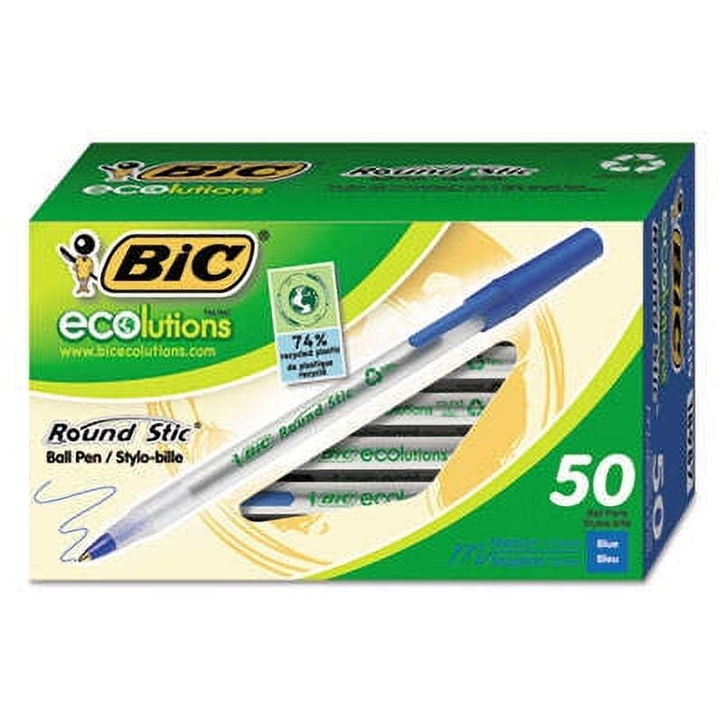 2PK BIC Ecolutions Round Stic Ballpoint Pen Value Pack, Stick, Medium 1 mm, Blue Ink, Clear Barrel, 50/Pack (GSME509BE)