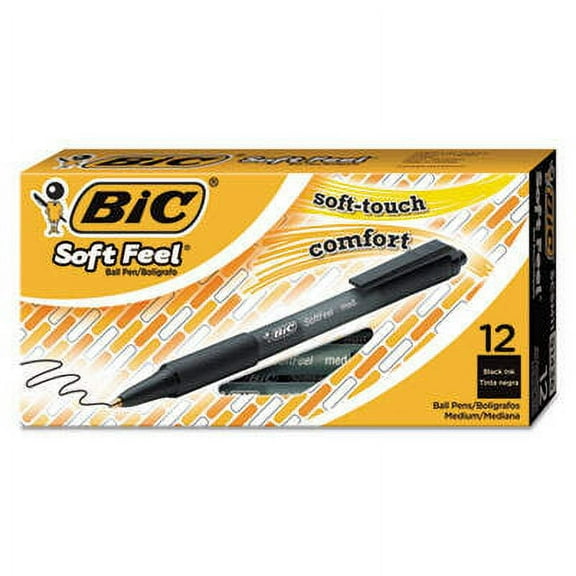 2PK BIC Soft Feel Ballpoint Pen, Retractable, Medium 1 mm, Black Ink, Black Barrel, Dozen (SCSM11BK)