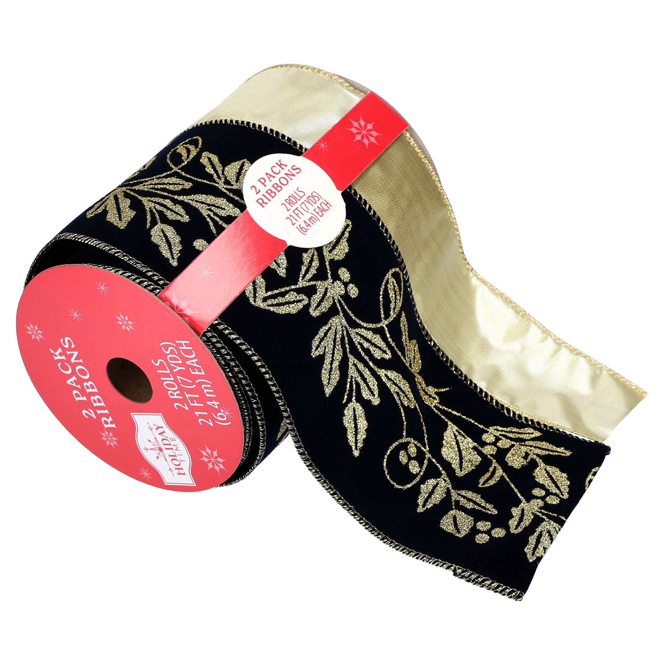 Black and Gold Christmas Ribbon, 21', 2 Pack, by Holiday Time